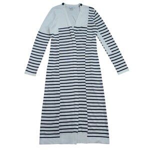 CAbi Striped Long Cardigan Sweater White Navy Blue Open Front XS Cotton Blend